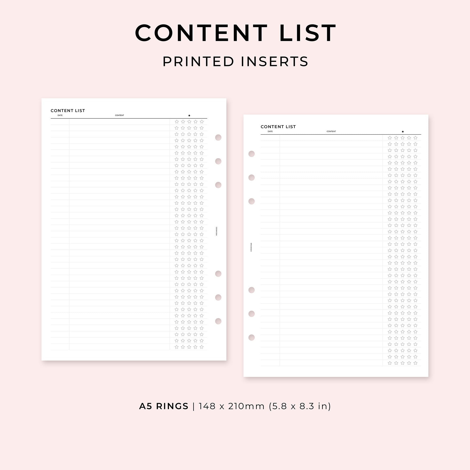 Content List - Printed planner inserts