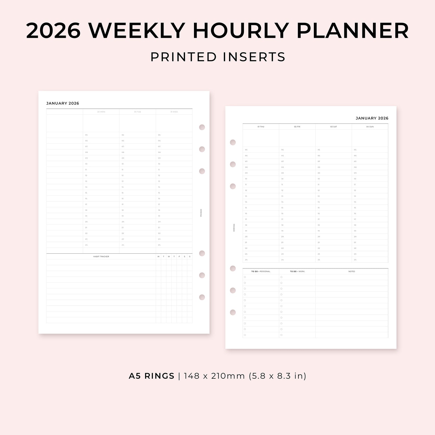 PI022 - 2026 Weekly Hourly Planner - Printed inserts