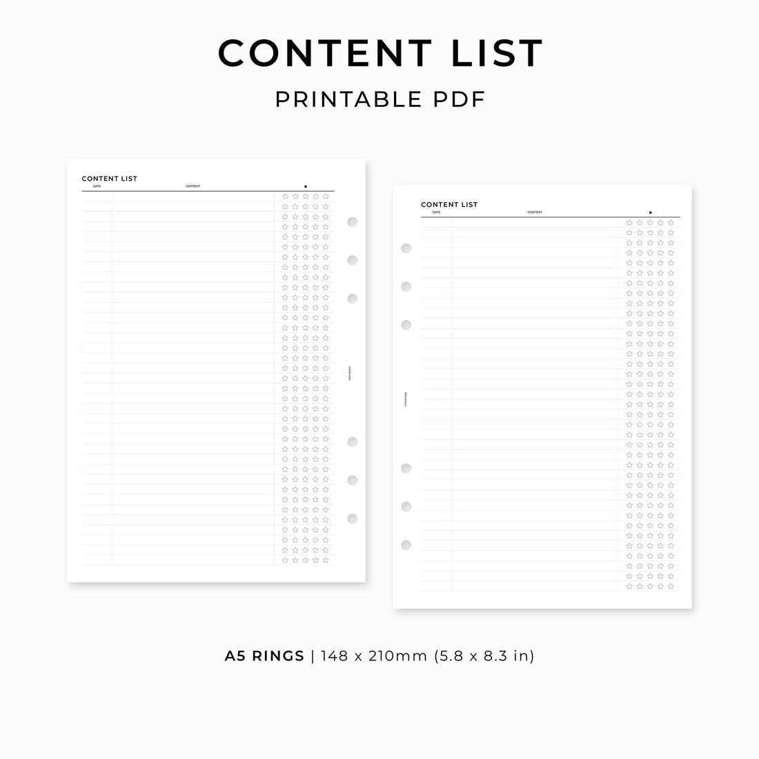 Content List - Printable inserts