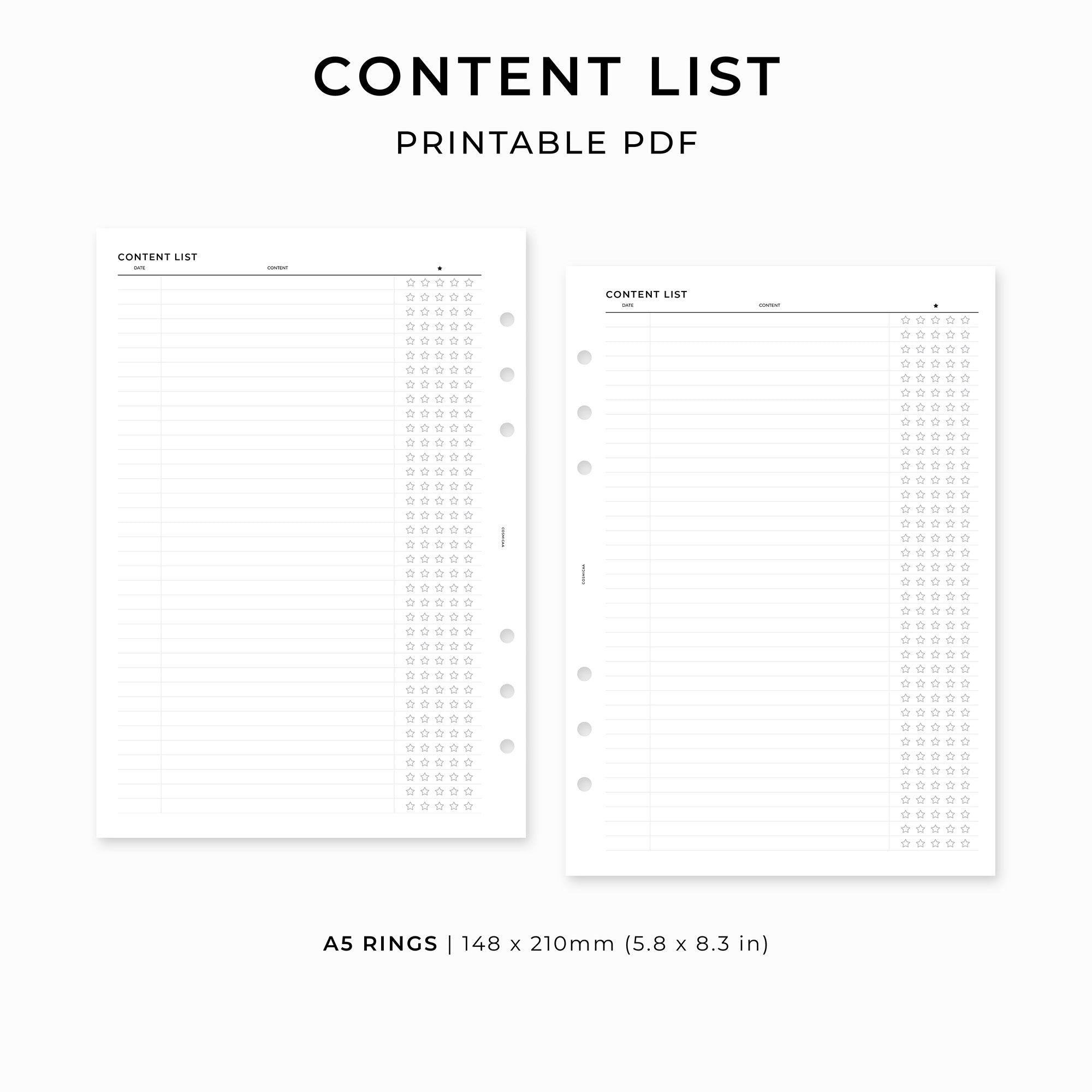 Content List - Printable inserts