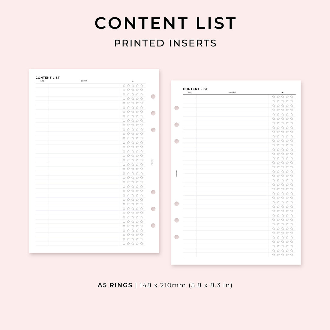 Content List - Printed planner inserts