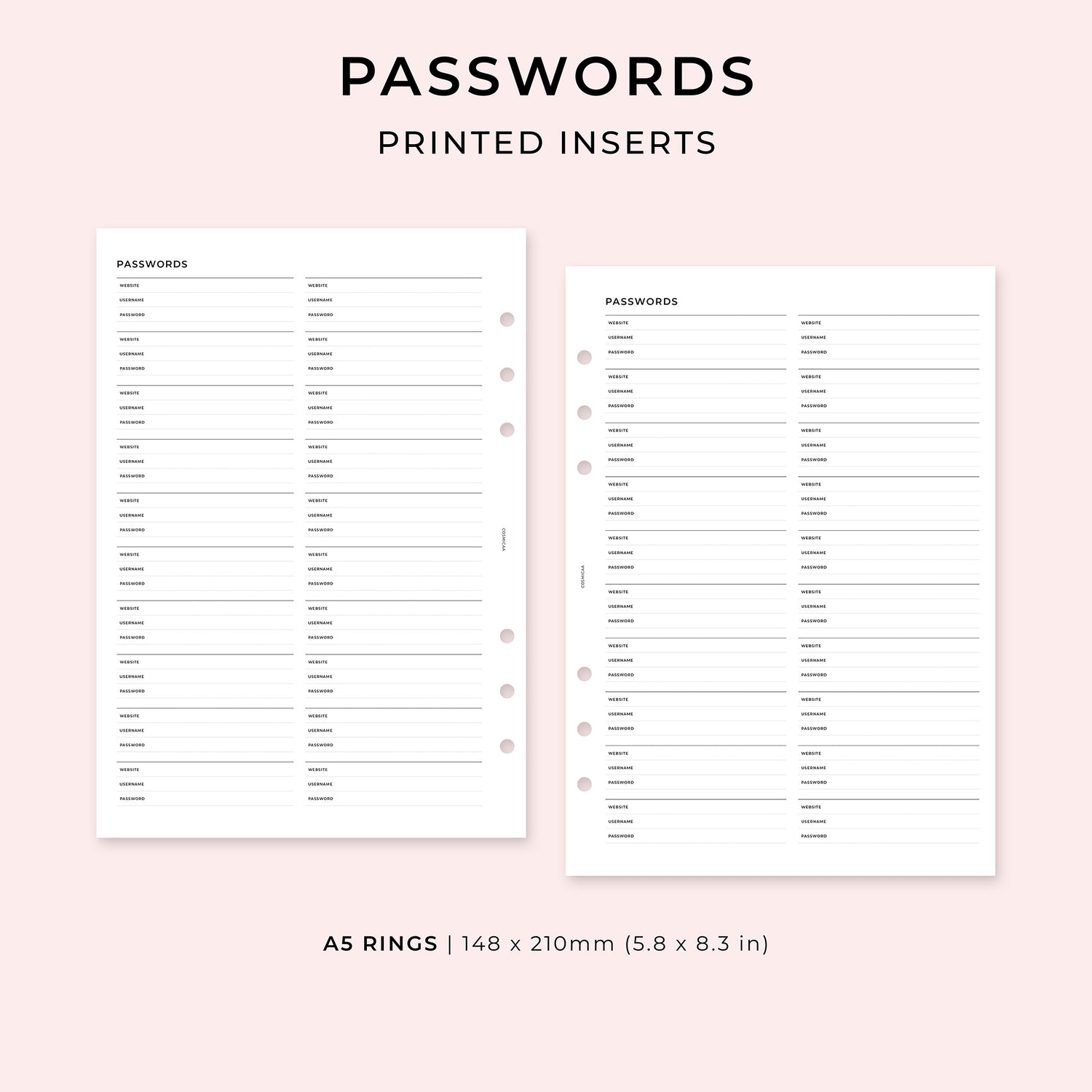 Passwords - Printed planner inserts