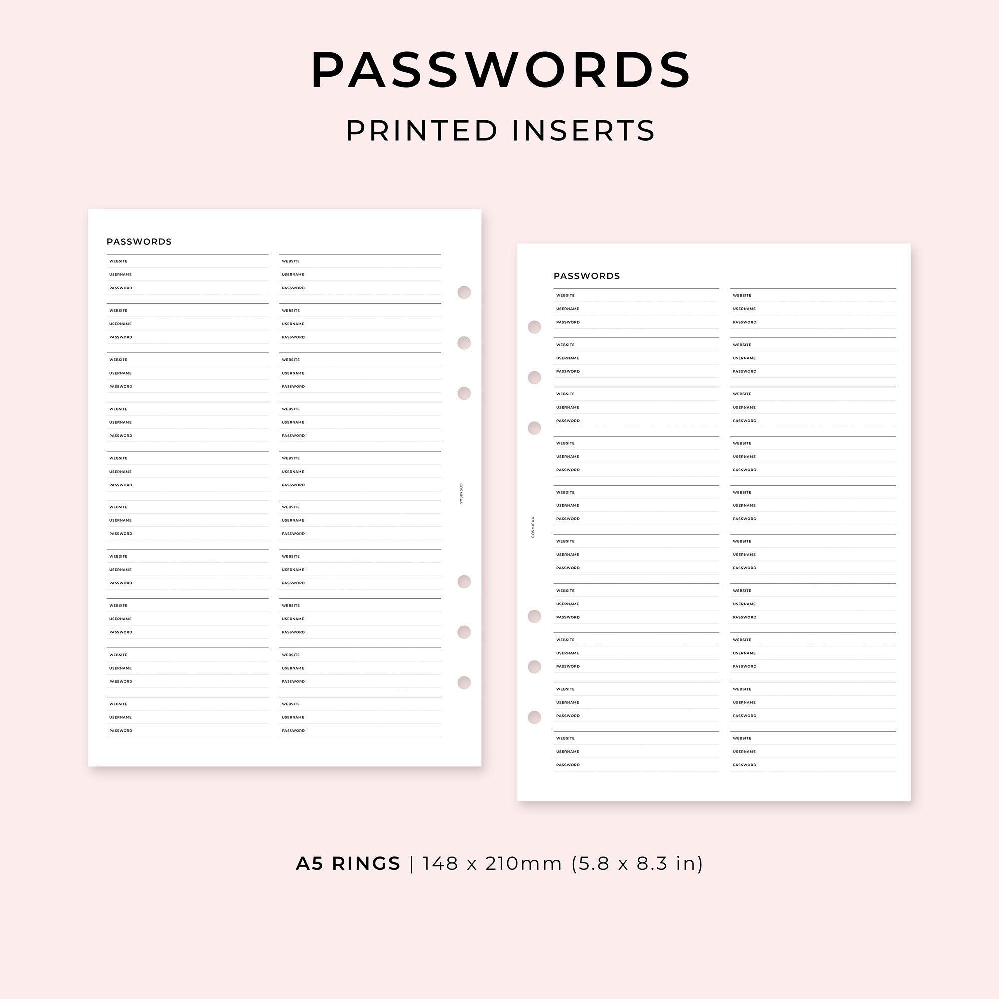 Passwords - Printed planner inserts