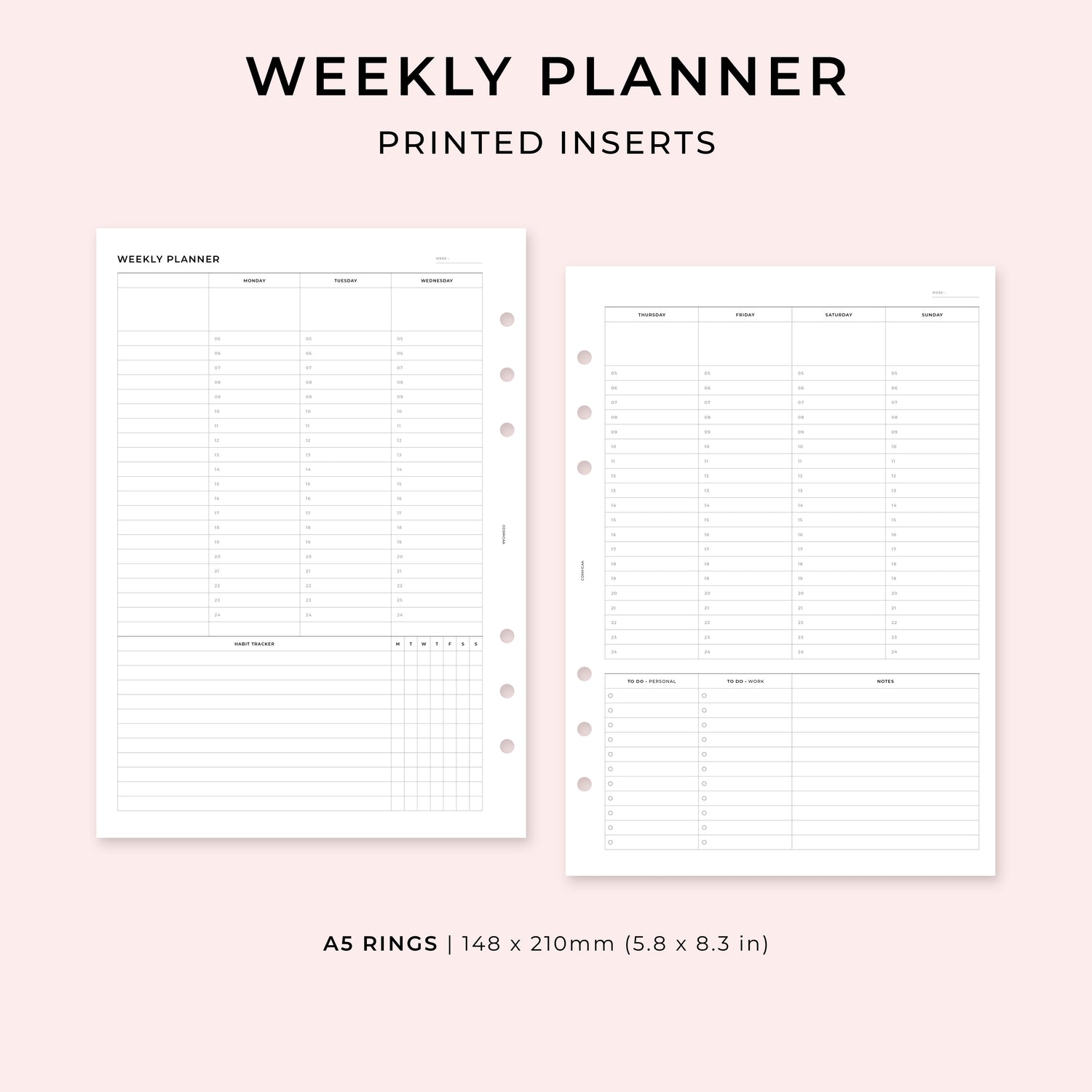 PI012 - Weekly Planner undated (WO2P vertical) - Printed inserts