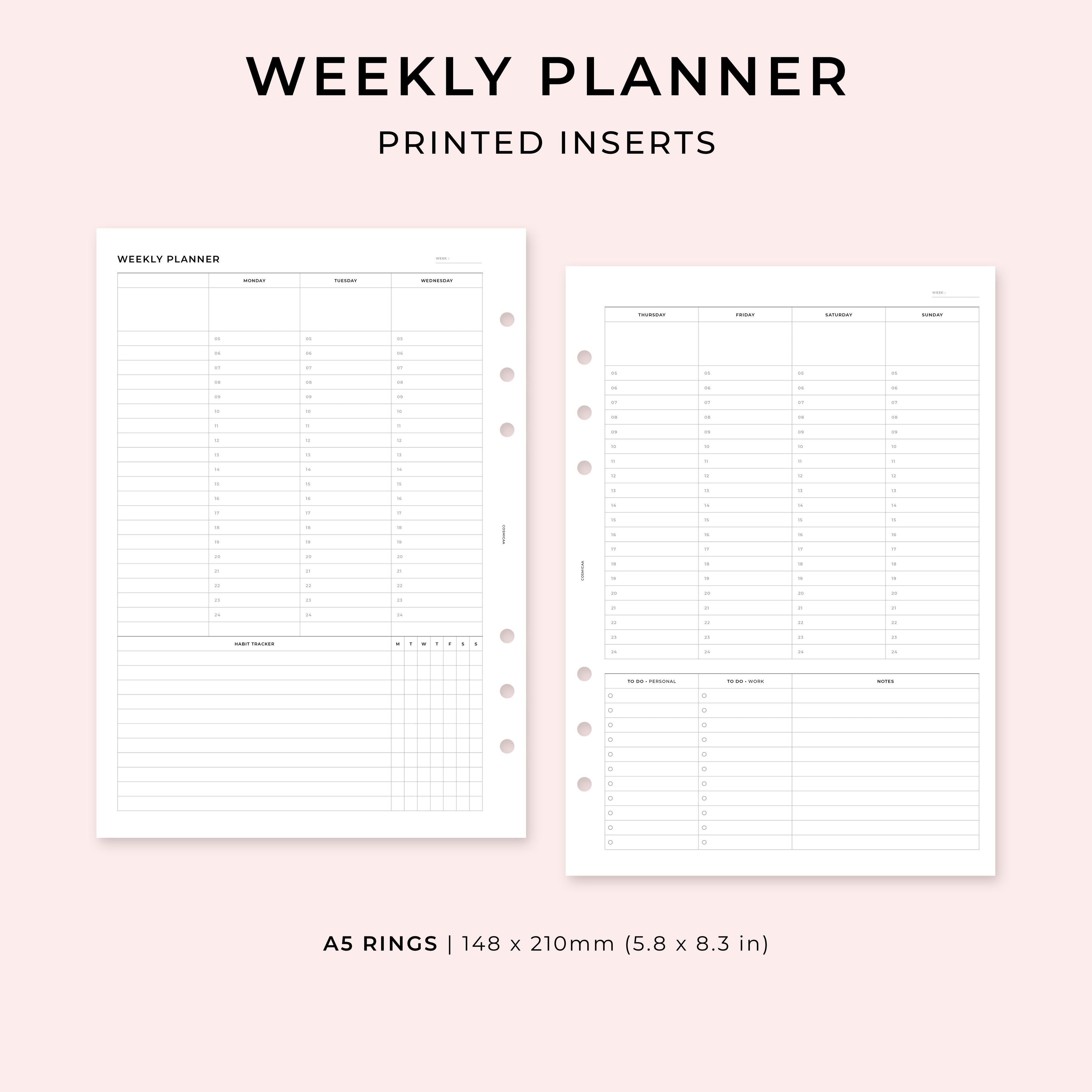 PI012 - Weekly Planner undated (WO2P vertical) - Printed inserts